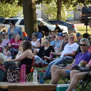 a crowd in lawn chairs listening to live music outdoors