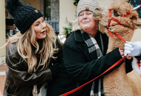 two women with a lama in winter