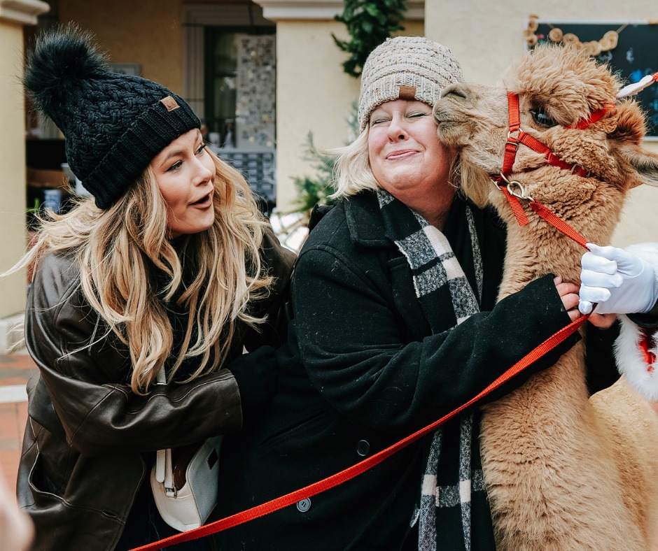two women with a lama in winter