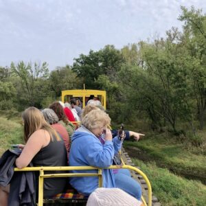 people enjoy an open air ride on a train