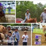 A photo collage of adults and children riding horses in the ring