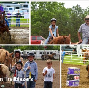 A photo collage of adults and children riding horses in the ring