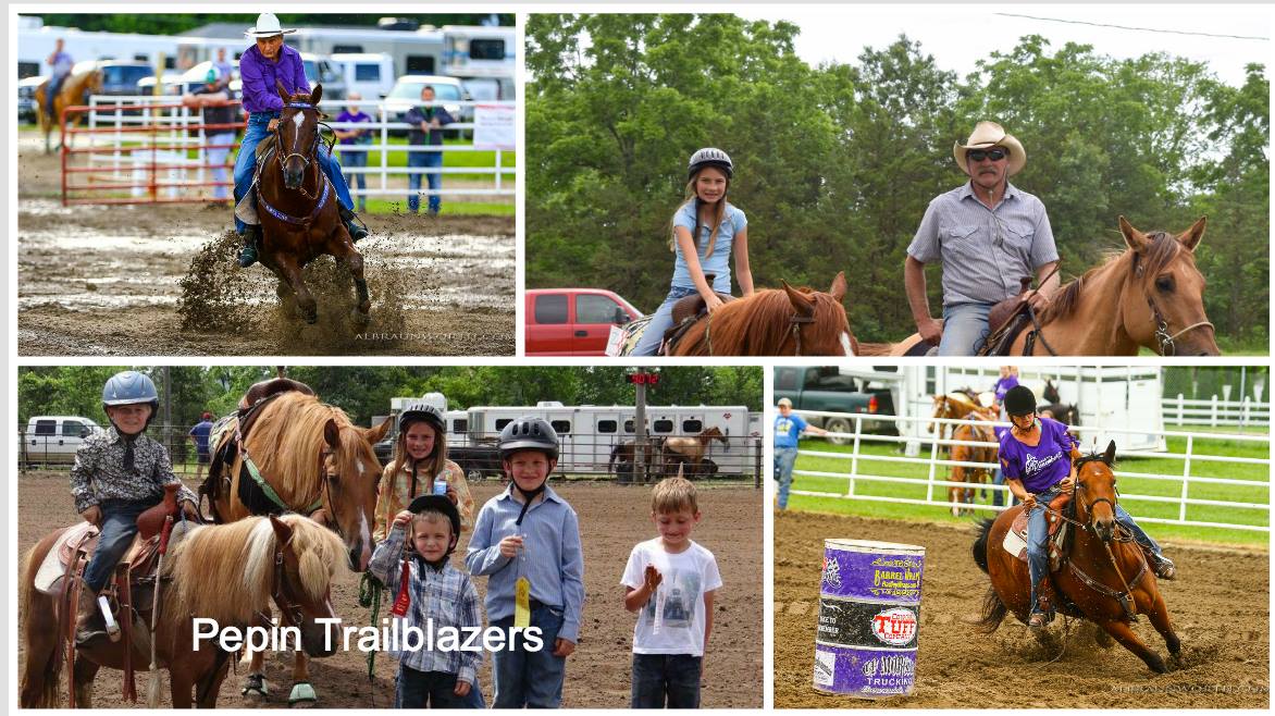 A photo collage of adults and children riding horses in the ring