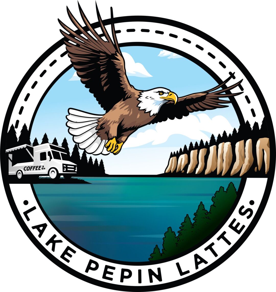 Logo of an eagle flying over water for the mobile coffee shop Lake Pepin Lattes