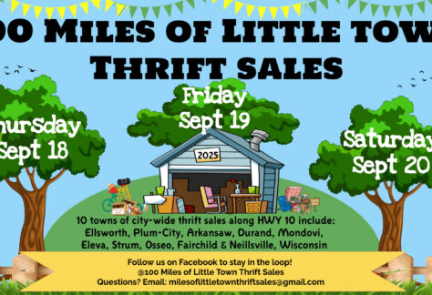 flyer for 100 miles of little town thrift sales in durand and arkansaw wisconsin