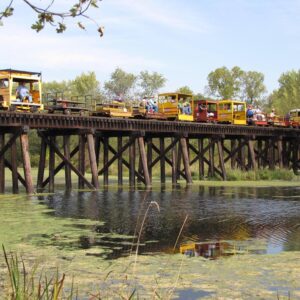 passengers on an open-air train ride on a bridge overlooking the Tiffany Wildlife Area
