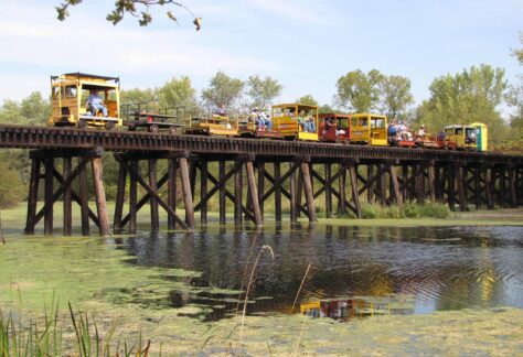 passengers on an open-air train ride on a bridge overlooking the Tiffany Wildlife Area