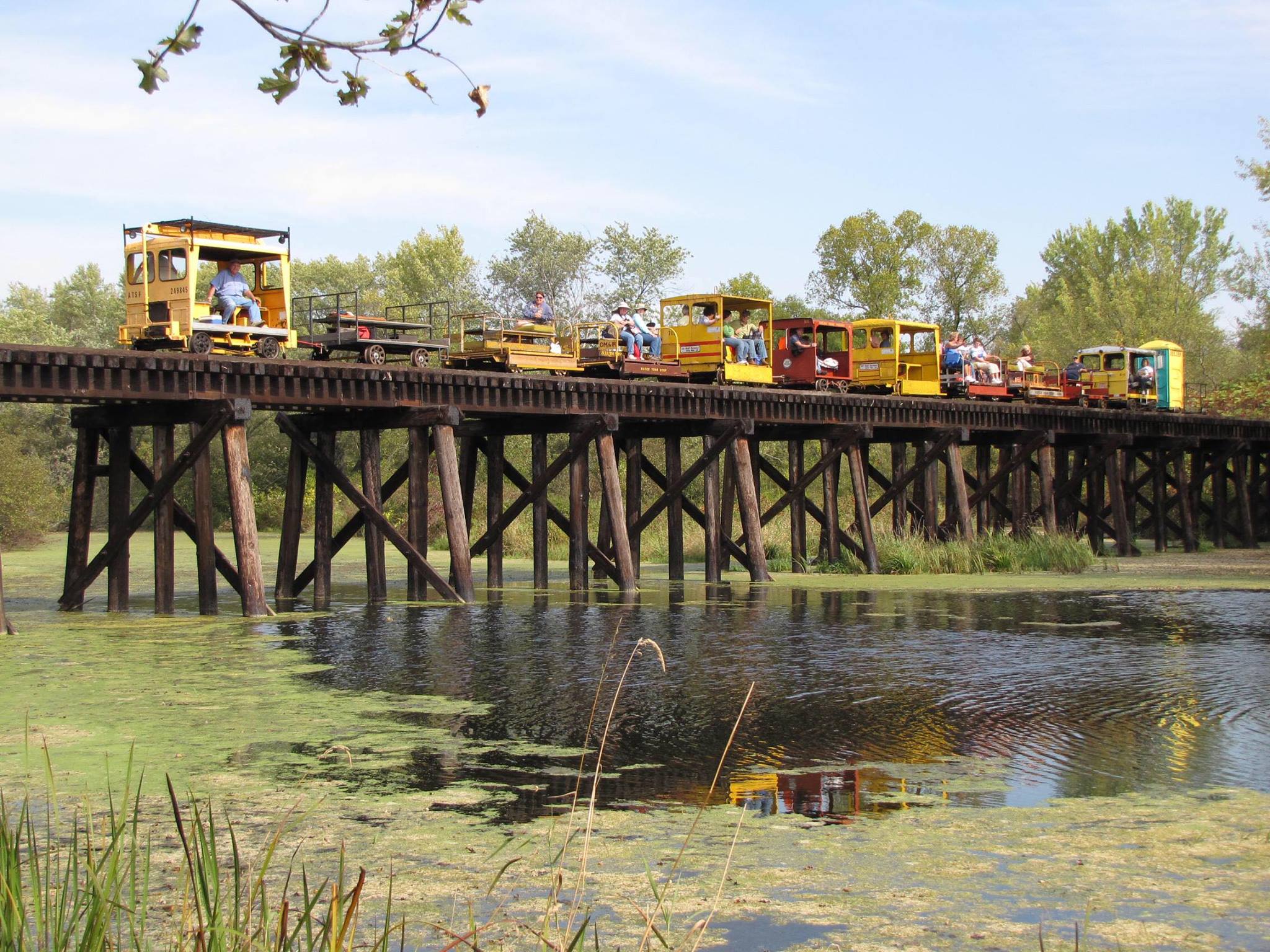 passengers on an open-air train ride on a bridge overlooking the Tiffany Wildlife Area
