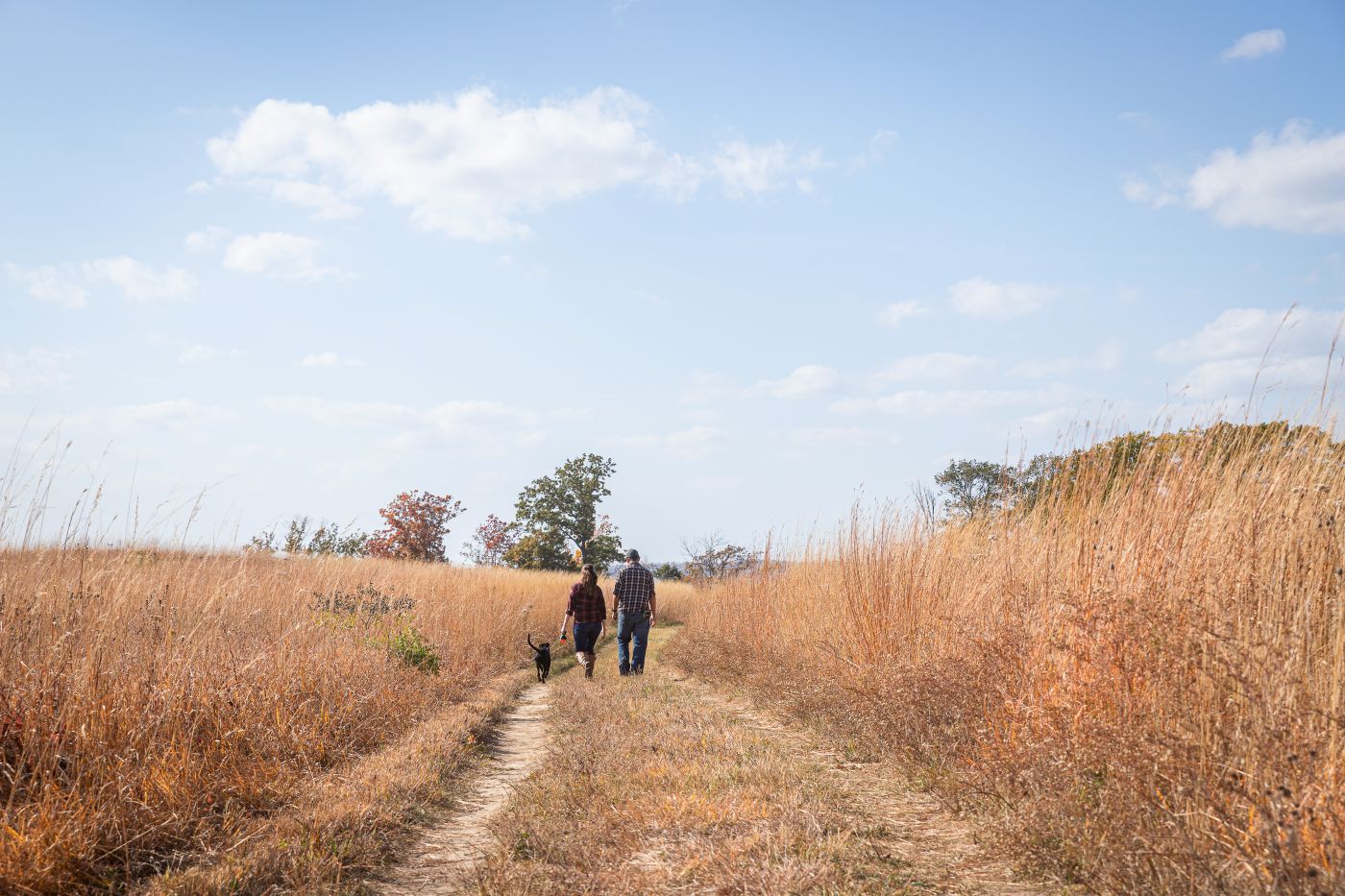 A couple hike through a bluff prairie 